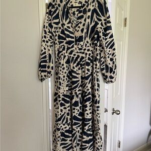 Anthropologie Navy and White V-neck Bishop Sleeve Sundress